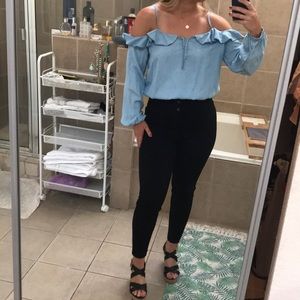Blue Ruffle Off the Shoulder Top